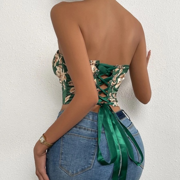 Boho floral print lace up back satin bustier corset tube top - Picture 4 of 11